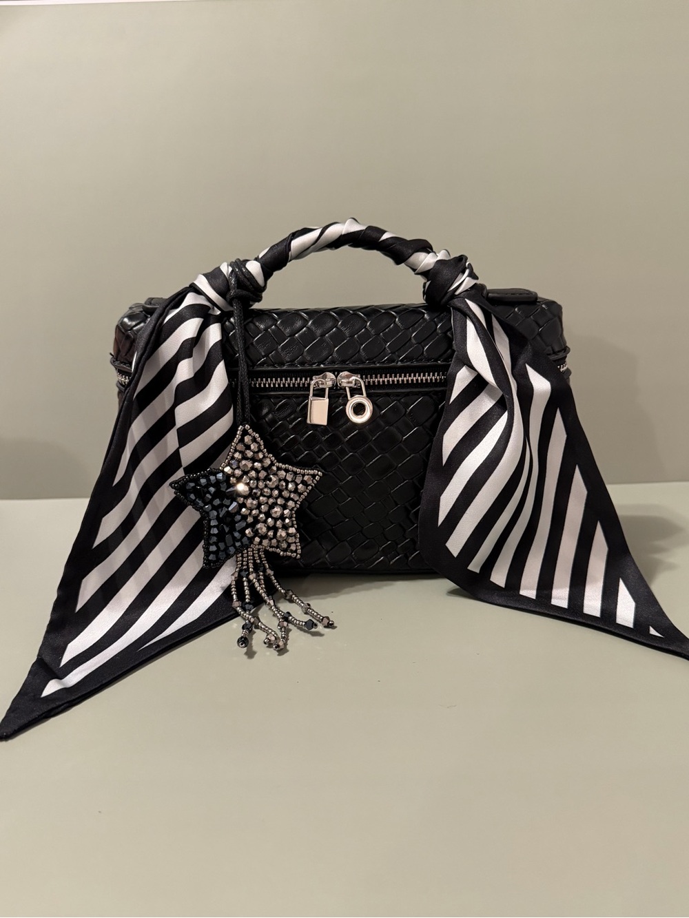 Black Woven Top-Handle “Lana” Bag